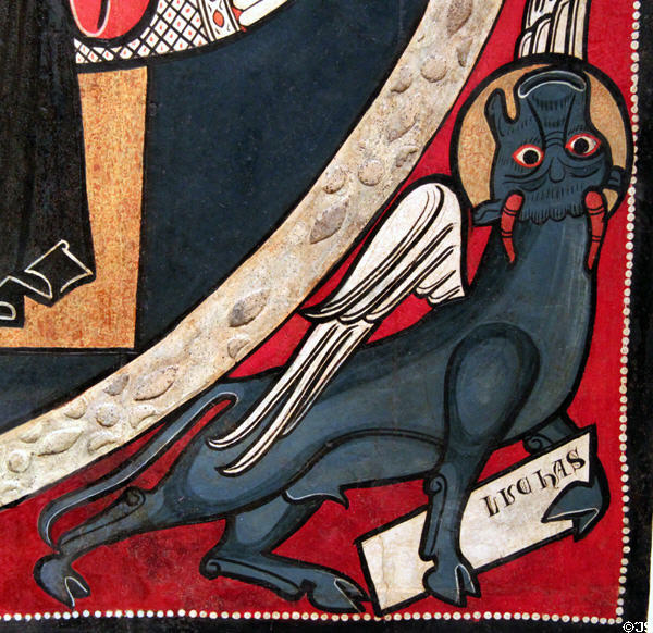 Fresco detail of symbol of Evangelist St Luke from church of St Marti de Tost (13thC) at Museu Nacional d'Art de Catalunya. Barcelona, Spain.