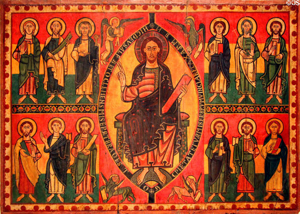 Altar painting (12thC) with Christ, Apostles & Evangelist symbols from church of Santa Maria del castell de Besora at Museu Nacional d'Art de Catalunya. Barcelona, Spain.