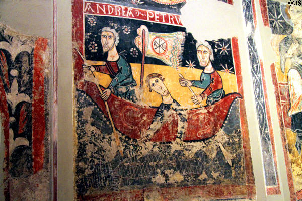 Fresco of Sts Andrew & Peter fishing from church of Sant Esteve d'Andorra la Vella (13thC) at Museu Nacional d'Art de Catalunya. Barcelona, Spain.