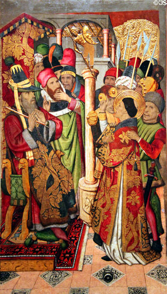 St Vicenç before Dacià detail on altarpiece of St Vicenç painting (c1455-60) by Jaume Huguet at Museu Nacional d'Art de Catalunya. Barcelona, Spain.