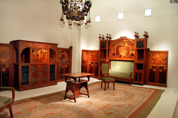 Modernista furniture from Casa Lleó Merera in Barcelona by Lluís Domènech i Montaner & Gaspar Homar at Museu Nacional d'Art de Catalunya. Barcelona, Spain.