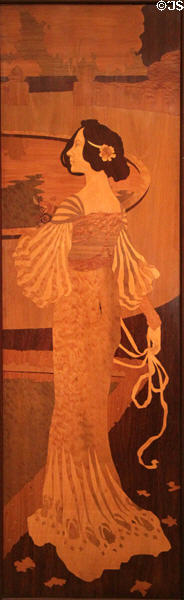 Modernista marquetry panel with woman in garden (c1905) by Gaspar Homar at Museu Nacional d'Art de Catalunya. Barcelona, Spain.