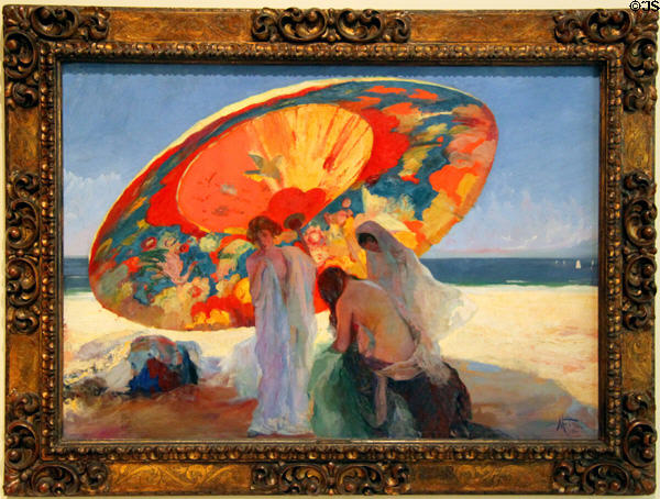 Modernista umbrella scene painting (1920) by Lluís Masriera at Museu Nacional d'Art de Catalunya. Barcelona, Spain.
