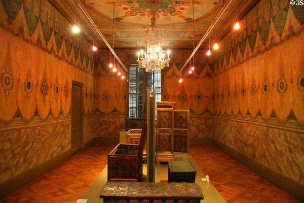 Collection of objects in Museum of Decorative Arts (Museu de les Arts Decoratives) wing of Palau Reial. Barcelona, Spain.