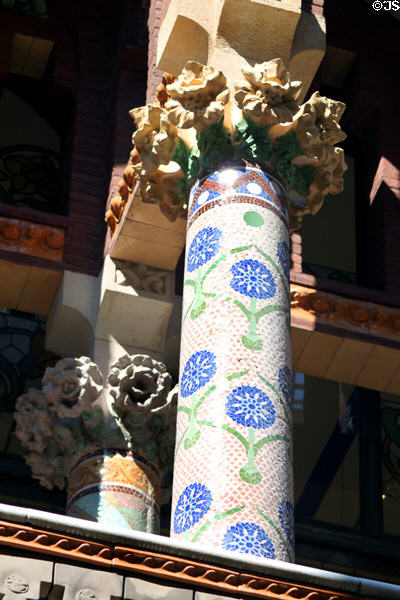 Columns with mosaics on Palace of Catalan Music. Barcelona, Spain.