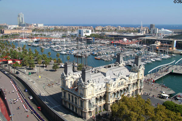 Port Vell (Old Port) & Maremagnum (commercial mall) over Port of Barcelona Building. Barcelona, Spain.