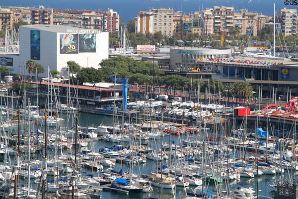 Pleasure craft at Port Vell with Imax theater & Barcelona Aquarium beyond. Barcelona, Spain.