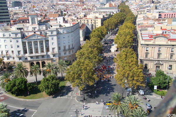 La Rambla seen with Naval building from Columbus Monument observation platform. Barcelona, Spain.