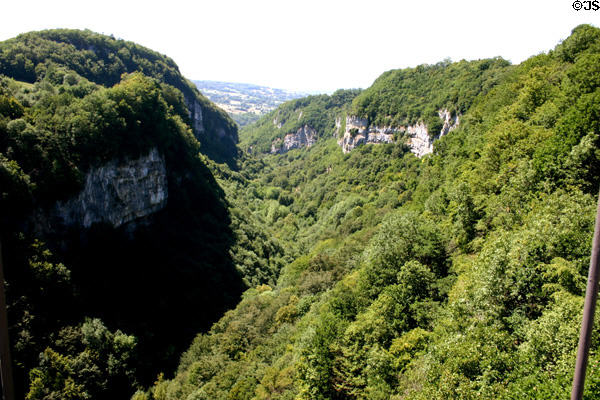 Gorge des Usses in Haute Savoie region spanned by Pont de la Caille historic bridge. Annecy, France.