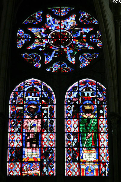 Stained glass rose window of the seven arts in Cathedral St Étienne. Auxerre, France.