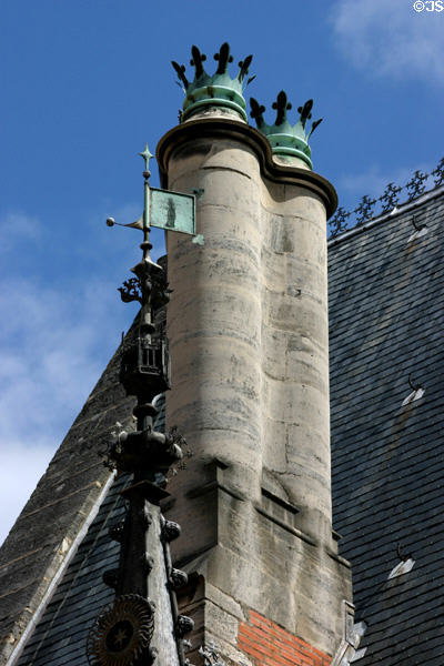 Twinned round chimneys on roof of entry hall of Hotel Dieu. Beaune, France.