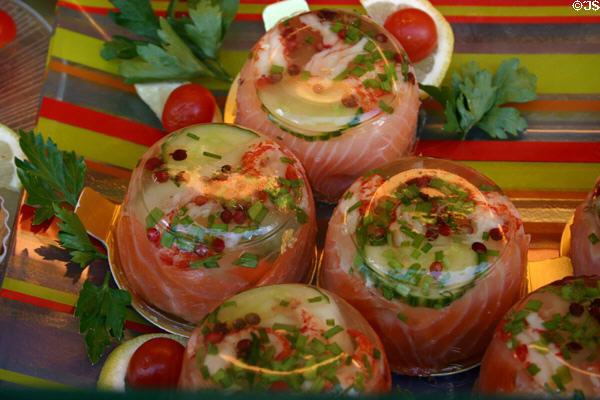 Salmon salad in shop window. Beaune, France.