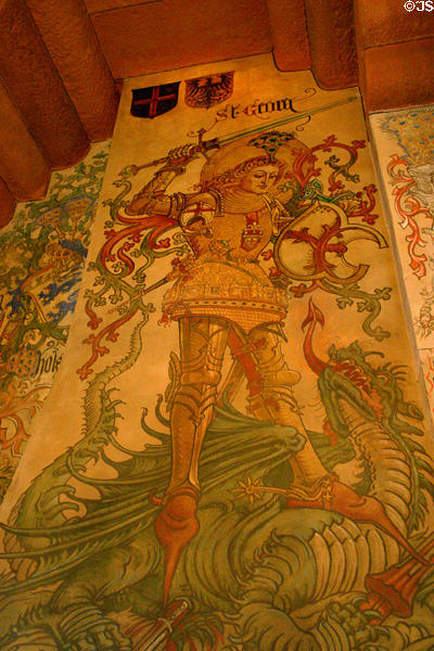 Mural of St George slaying a dragon in Haut Koenigsbourg. France.
