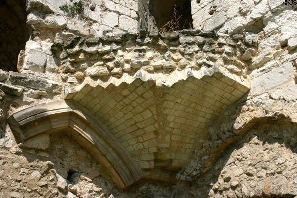 Collapsed corner showing building technique of Jumièges Abbey church. Jumièges, France.
