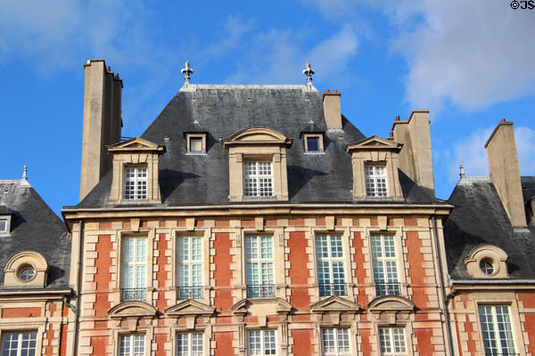 Facade detail of Place des Vosges. Paris, France.
