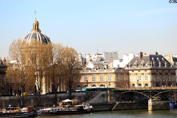 Domed Mazarine Library at Institut de France at end of footbridge of Arts over Seine. Paris, France.