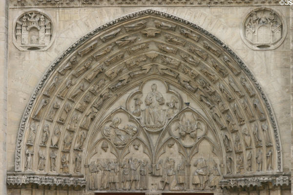 Gothic tympanum of St Stephen's Cathedral. Sens, France.