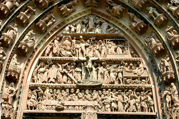 Crucifixion carvings over central door of Cathedral. Strasbourg, France.