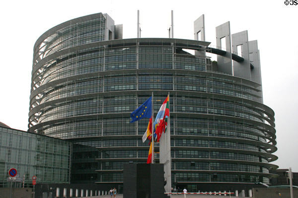 Stepped architecture of Palais de l'Europe tower. Strasbourg, France.