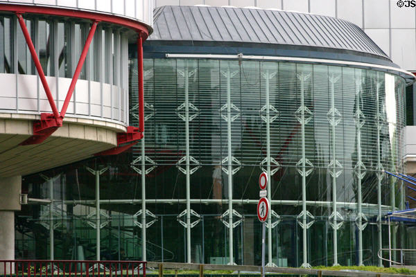 Glass walls of entry hall of European Court of Human Rights. Strasbourg, France.