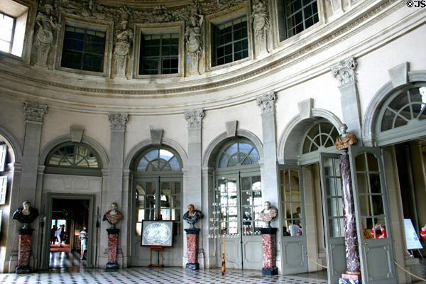 Oval salon in Vaux-le-Vicomte chateau which is main entrance to gardens. Melun, France.