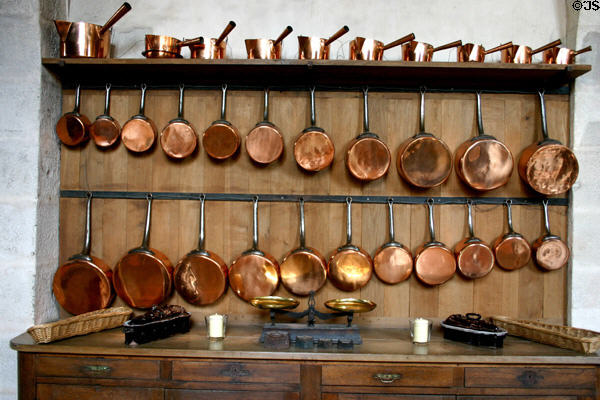 Copper cooking pots in Vaux-le-Vicomte chateau. Melun, France.