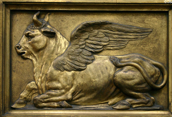 Winged bull of Evangelist Luke on pulpit at St-Sulpice church. Paris, France.