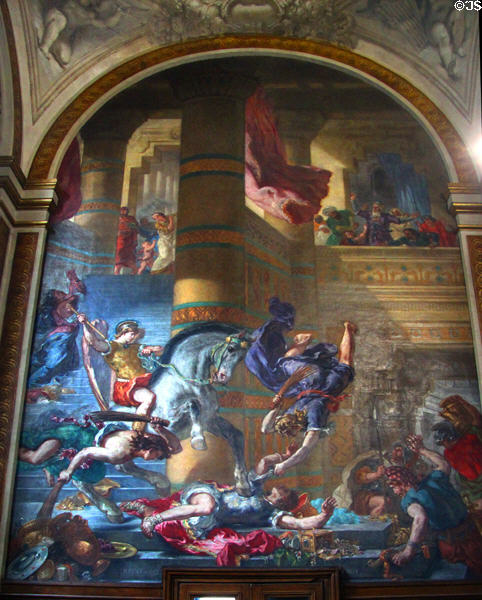 Heliodorus Driven out of Temple painting (1854-61) by Eugène Delacroix at St-Sulpice church. Paris, France.