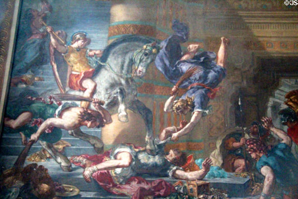 Detail of Heliodorus Driven out of Temple painting (1854-61) by Eugène Delacroix at St-Sulpice church. Paris, France.