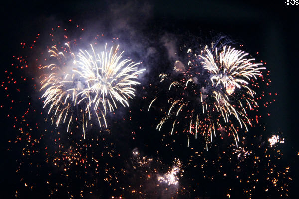 Fireworks over Eiffel Tower on Bastille Day July 14. Paris, France.