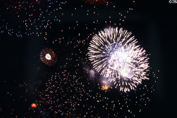 Fireworks over Eiffel Tower on Bastille Day July 14. Paris, France.