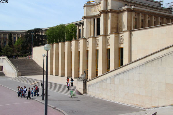 Steps up to Palais de Chaillot which is still sometimes called Trocadero after previous demolished building. Paris, France.