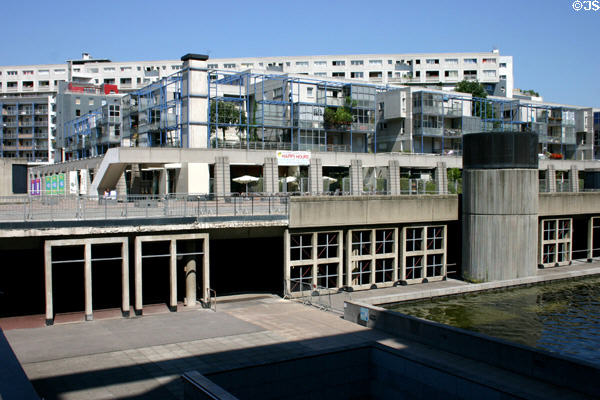 Residential structures on pool north of City of Science at Parc de la Villette. Paris, France.