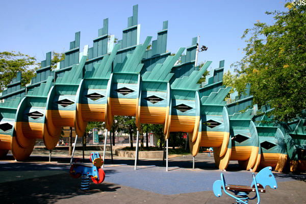 Dragon's backbone of playground slide at Parc de la Villette. Paris, France.