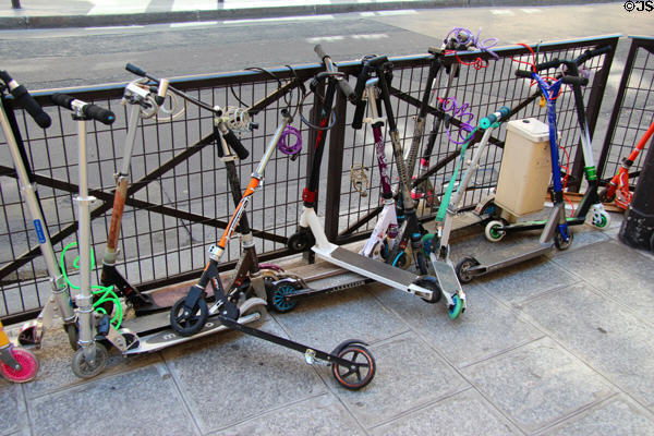Kick scooter parking in Paris. Paris, France.