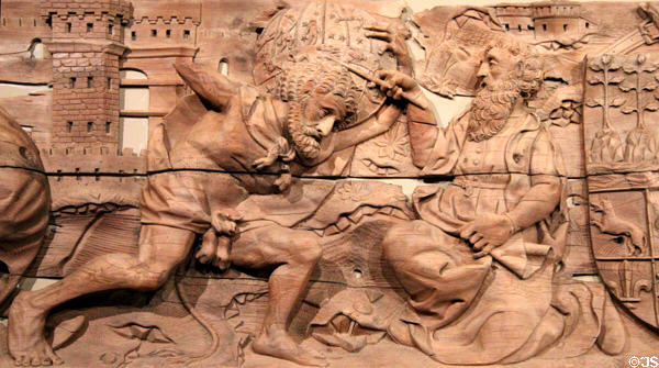 Atlas & Hercules detail of labors of Hercules frieze (1505-20) from castle Velez Blanco in Spain at Museum of Decorative Arts. Paris, France.