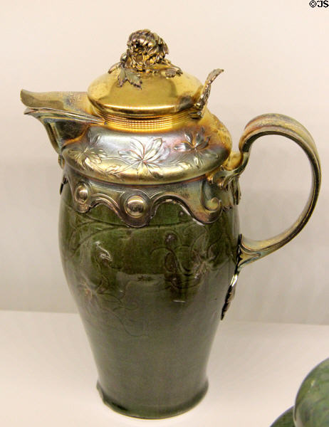 Buire Chrysanthemums (vase in shape of jug, with a spout & handle) (c1894) by Auguste Delaherche with gilded silver top by Maison Boin et Taburet of Paris at Museum of Decorative Arts. Paris, France.