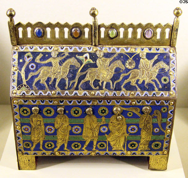 Enameled copper reliquary with scenes of Adoration of Magi (c1200) from Limoges at Cluny Museum. Paris, France.