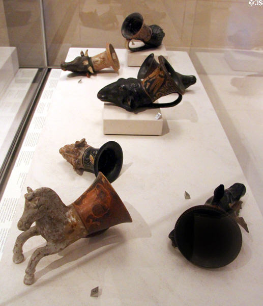 Collection of ancient Greek ceramic rhyton drinking cups at Petit Palace Museum. Paris, France.