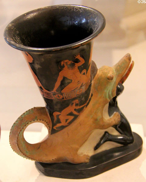 Greek rhyton in form of African attacked by crocodile (c470-460 BCE) attrib. Sotades at Petit Palace Museum. Paris, France.