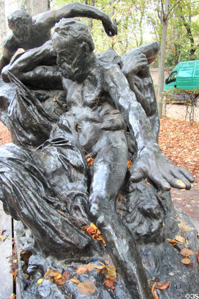 Victor Hugo bronze monument (after 1900) with poet holding hand to calm the Guernsey waves (after 1900) by Auguste Rodin at Rodin Museum Garden. Paris, France.