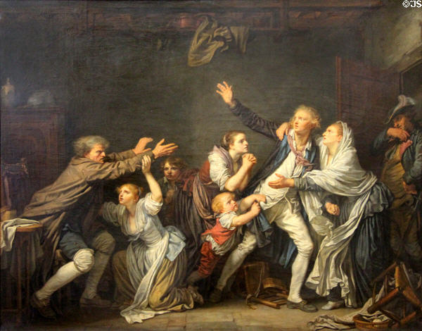 Paternal curse against ungrateful son from the prodigal son painting (1777) by Jean-Baptiste Greuze at Louvre Museum. Paris, France.