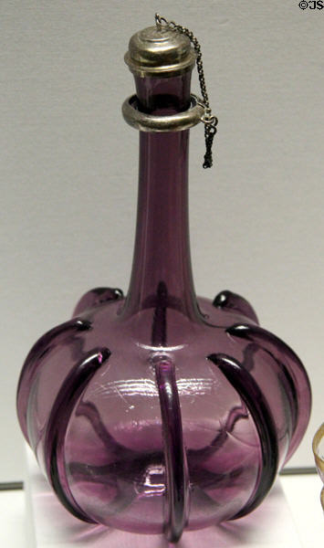 Colored glass bottle (17thC) from France? at Louvre Museum. Paris, France.