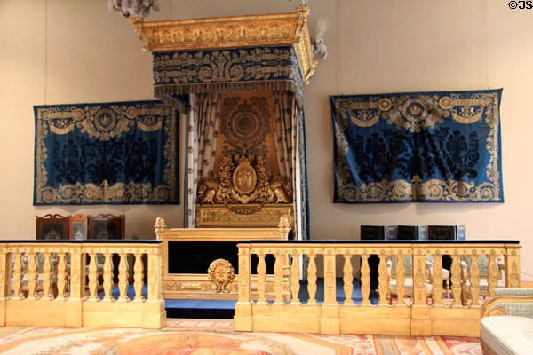Imperial bed chamber furnishings (1817-24) of Louis XVIII derived from earlier designs at Louvre Museum. Paris, France.