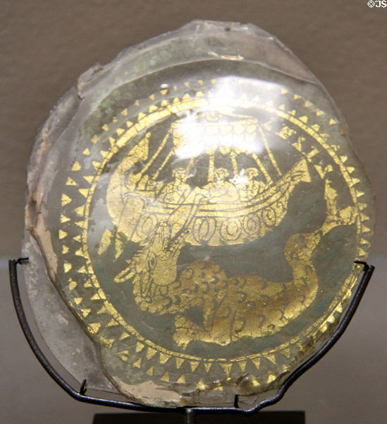 Gilded glass bowl bottom with scene of Jonah thrown to a marine monster (4thC) from Italy at Louvre Museum. Paris, France.