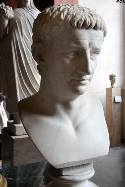 Roman Emperor Claudius (ruled 41-54 CE) portrait bust (c45-50 CE) from Italy at Louvre Museum. Paris, France.