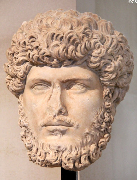 Roman Co-Emperor Lucius Verus (ruled with Marcus Aurelius 161-169CE) portrait head (c161-197 CE) from Algeria at Louvre Museum. Paris, France.