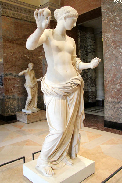 Marble Aphrodite aka "Venus d'Arles" (27 BCE - 14 CE) from antique theater of Arles, France perhaps after original by Praxiteles of Athens at Louvre Museum. Paris, France.
