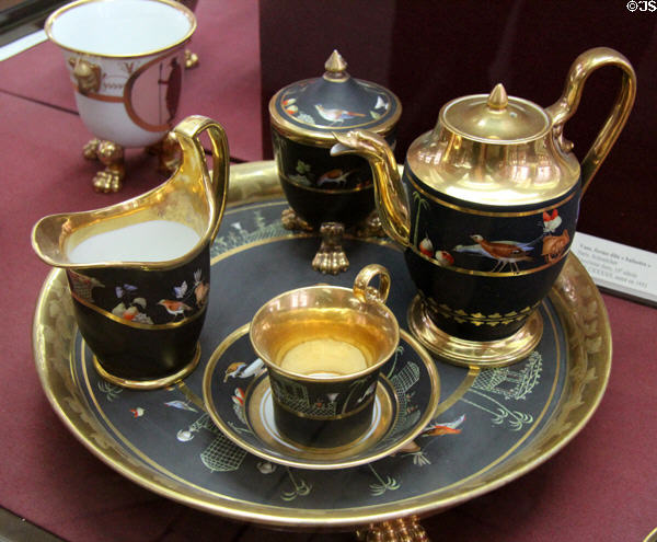 Porcelain blue & gold tea set (c1800-19) by Manufacture Dagoty of Paris at Sèvres National Ceramic Museum. Paris, France.