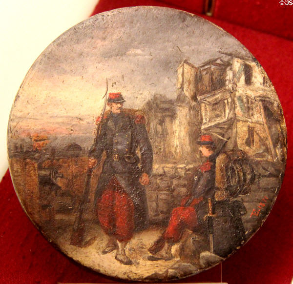 Two Soldiers during Siege of Paris in front of Ruined Houses painting by "E.T." at Carnavalet Museum. Paris, France.